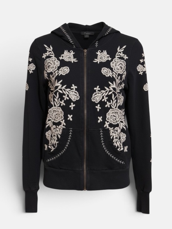 Tops - Y2K Black Zip Up Hoodie With Intricate White Floral Embroidery Fairy Grunge Boho